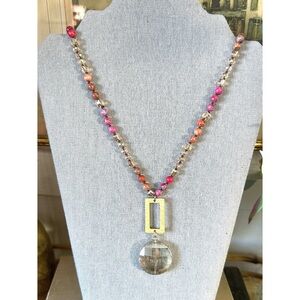 Pink Panache Elegant Pink & Beige Beaded Necklace with Faceted Crystal Pendant